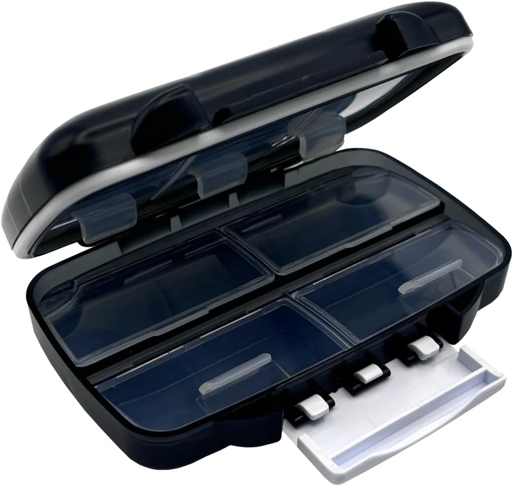 EZY DOSE Moisture-Proof Φορητή συσκευή διανομής χαπιών, Pocket Purse Organizer, Pharmacy Box, Travel Medication Holder, Latch-Closure για ασφαλή περιεχόμενα, υπερμεγέθη διαμερίσματα, Airtight Seal, Medium, Black