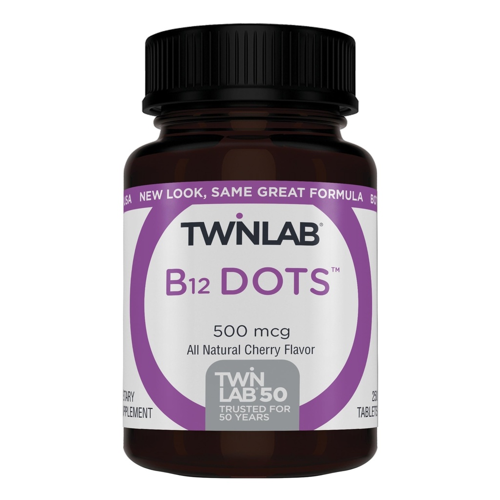 Twinlab B-12 κουκκίδες - Συμπληρώματα υποστήριξης παραγωγής ενέργειας με βιταμίνη B12-500 mcg, 250 δισκία