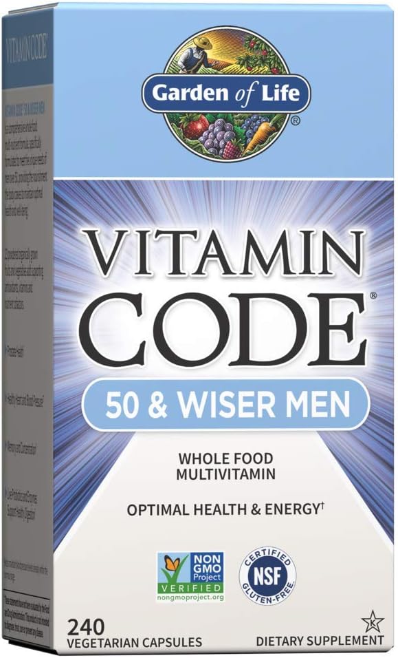 Garden of Life Vitamin Code 50 & Wiser Men Raw Whole Food Multivitamin, Vitamins for Men Over 50 for Prostate Health, Healthy Heart, Blood Pressure, 240 Vegetarian Capsules *Packaging May Vary*