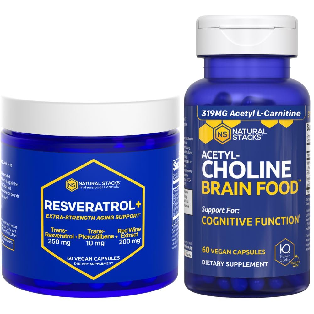 NATURAL STACKS Acetylcholine Brain Food + Resveratrol Supplement Bundle - Supports Cognitive Function & Brain Aging* - 120 Total Capsules