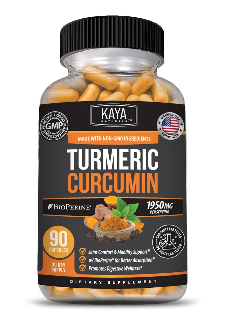 Kaya Naturals Turmeric Platinum, 60 Κάψουλες Count, Bioperine, Premium Support with 95% Standardized Curcuminoids - 60 Κάψουλες