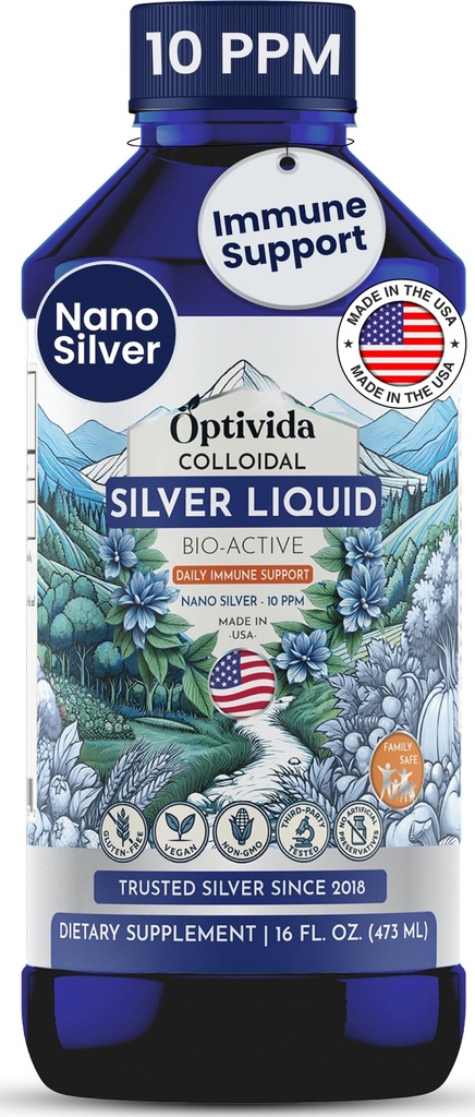 Optivida Health Nano Colloidal Silver Liquid (1 LB) – Συμπληρώματα Υποστήριξης Ανοσοποιητικού με Ασημί Υδροσόλα, Υγρό για Ανοσολογική Υποστήριξη, Κολλοειδές Ασημί για Ανοσοποιητικό Σύστημα, 10 PPM.