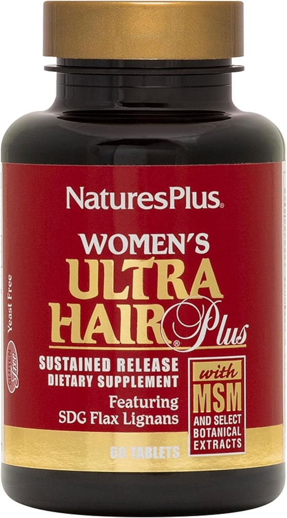 NaturesPlus Women's Ultra Hair Plus, Παρατεταμένη Κυκλοφορία - 60 Tablets - All-Φυσικό συμπλήρωμα ανάπτυξης μαλλιών - με Biotin - Προάγει υγιή μαλλιά, δέρμα & νύχια - Χωρίς γλουτένη - 30 Σερβιέτες