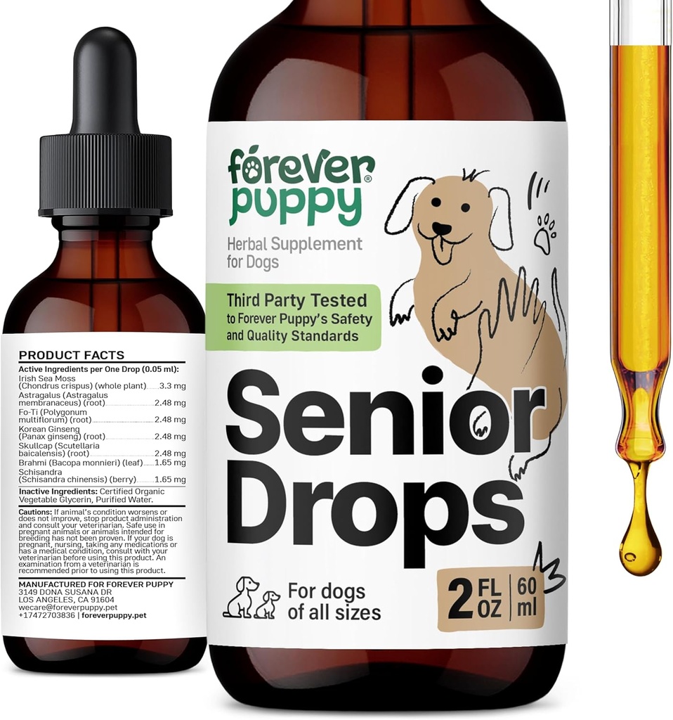 Forever Puppy Senior Dogs Drops - Ανοσοποιητικό & Εγκεφαλικό Συγκρότημα Υποστήριξης Ηλικιωμένων Σκύλων όλων των Φυλή & Μεγέθη - Βιταμίνες και Συμπληρώματα για Παλαιότερα Κατοικίδια - Συμπληρώματα διατροφής - 2 oz