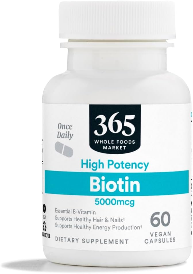 365 από Whole Foods Market, Biotin υψηλής ισχύος 5000mcg, Vegan, 60 Count