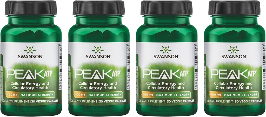 Swanson Maximum Strength Peak ATP-Natural Supplement Promoting Cellular Energy Support-Supports Physical Performance and Promotes Healthy Blood Flow Support-(30 Veggie Capsules, 400mg Each) 4 Pack
