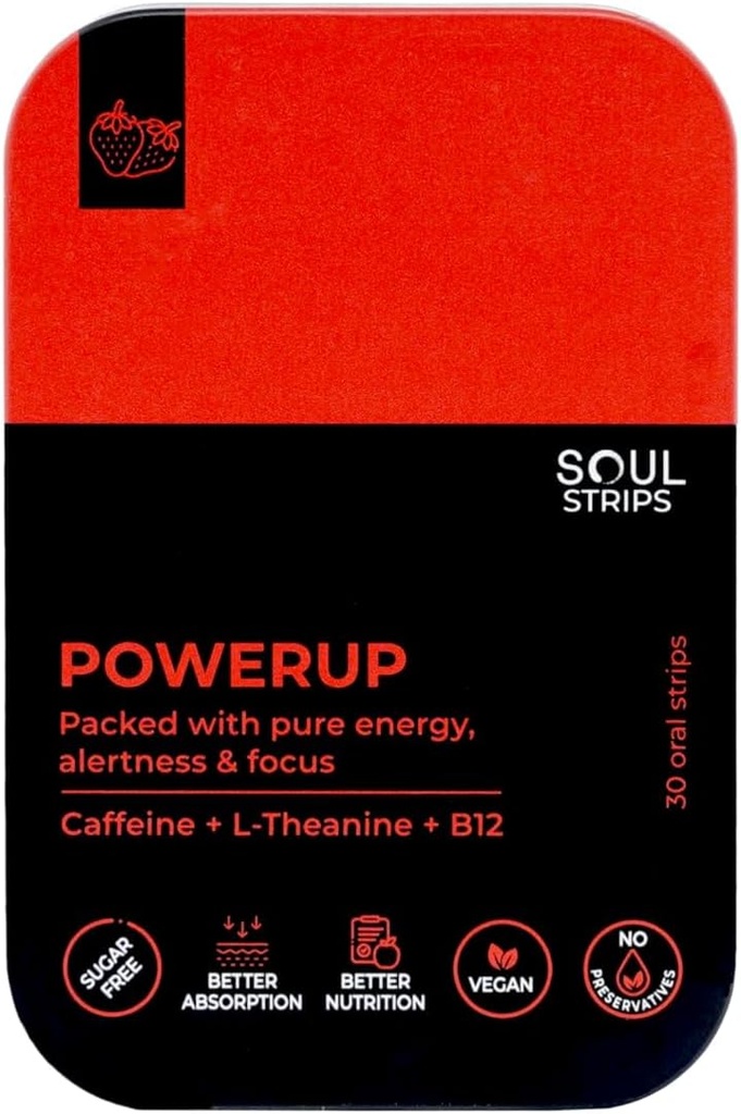 Soul Strips Power Up - προπόνηση + Ενέργεια στοματικές ταινίες με καφεΐνη, L-Θεανίνη, Βιταμίνη B12, Φράουλα Γεύση, Ενισχύει Μεταβολισμό, Γρήγορη Απορρόφηση, Καθημερινή Χρήση, Μηδέν Ζάχαρη, Vegan, 30 Strips Pack