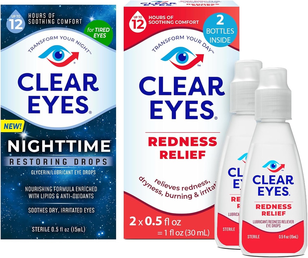 Bundle of Clear Eyes Nighttime Recoring Eyes Drops, Nighttime Relief Dry Eye Drops, 0.5 fl Oz + Clear Eyes Redness Relief Eye Drops, 0.5 oz, Dual Pack