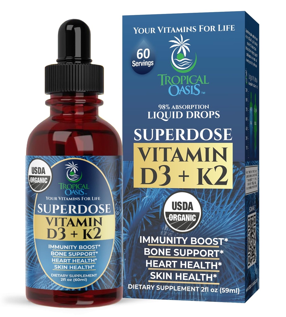 USDA Organic Liquid Vitamin D3 K2 Drops for Adults 