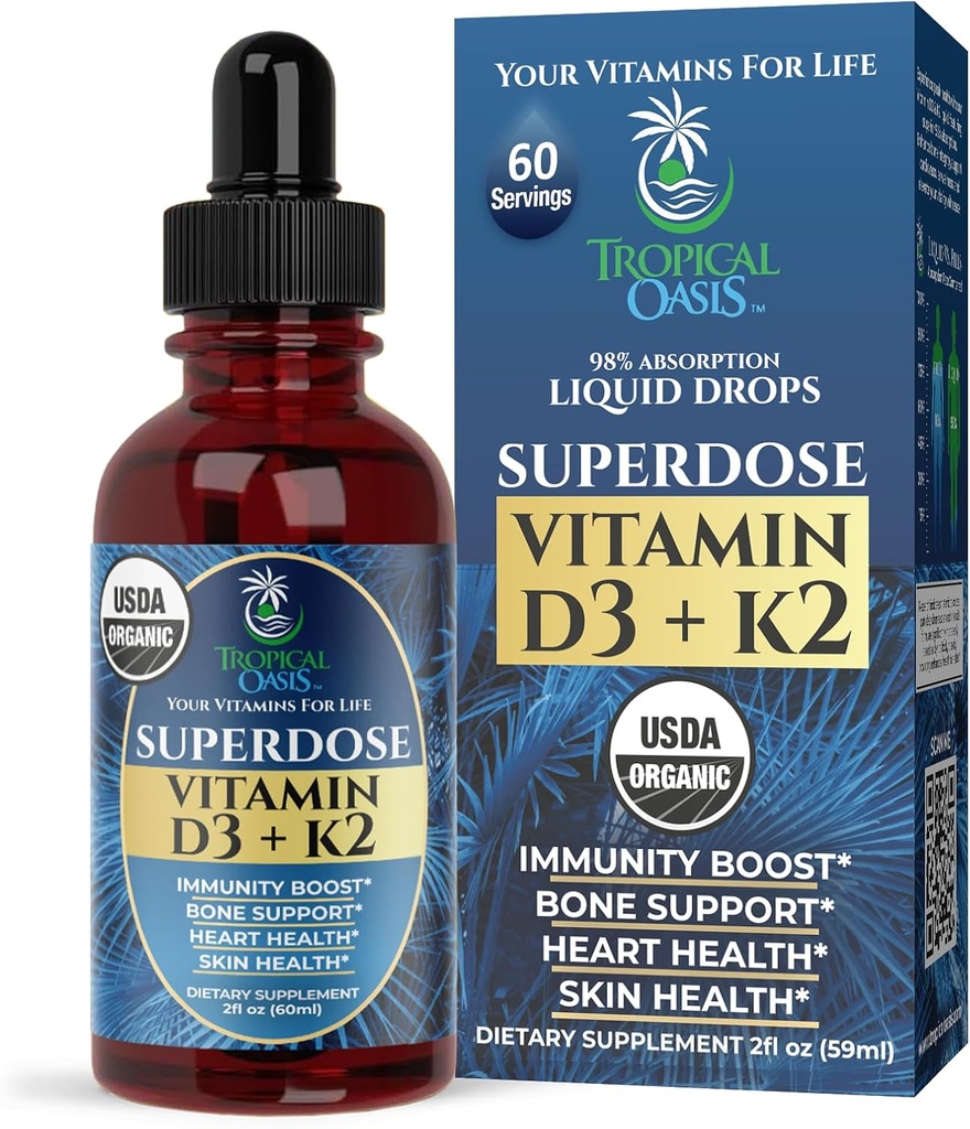 USDA Organic Liquid Vitamin D3 K2 Drops for Adults 