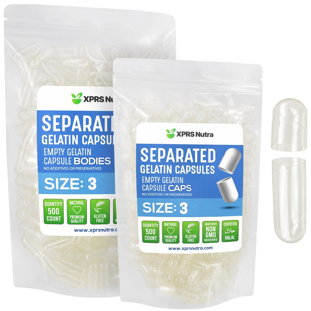 XPRS Nutra Gelatin Μέγεθος 3 Ξεχωριστές κάψουλες - 500 μετρητές κενές κάψουλες χωρίζονται σε τσάντες - μέγεθος 3 χάπια Ζελατίνη πληρώσιμα καπάκια τζελ για να το κάνετε μόνοι σας συμπλήρωμα γεμίσματος
