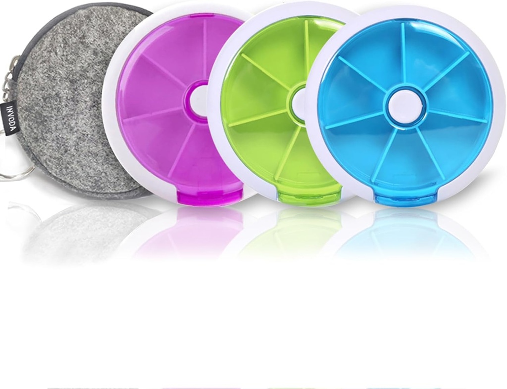 Περιπτώσεις χαπιών Weekly INVODA Pill Organizer 7 Day 3 Times Medicine Pill Dispenser Push Button Rotate Pill Planner with 7 Compartments (4PCS+Bag)