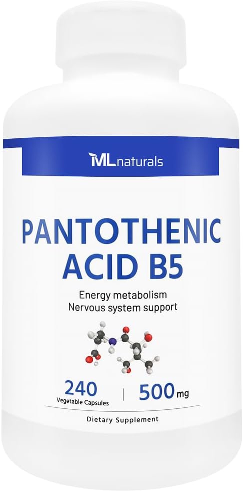 ML Naturals Pantothenic Acid B5 240 Vegetable Capsules. Energy Metabolism, Nervous System Support, NSF-Certified & cGMP-Compliant