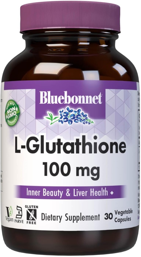 Bluebonnet Nutrition L-Glutathione 100mg, Free-Form Amino Acid, for Free Radical Protection, Soy-Free, Gluten-Free, Non-GMO, Kosher Certified, Vegan, 30 Vegetable Capsules, 30 Servings