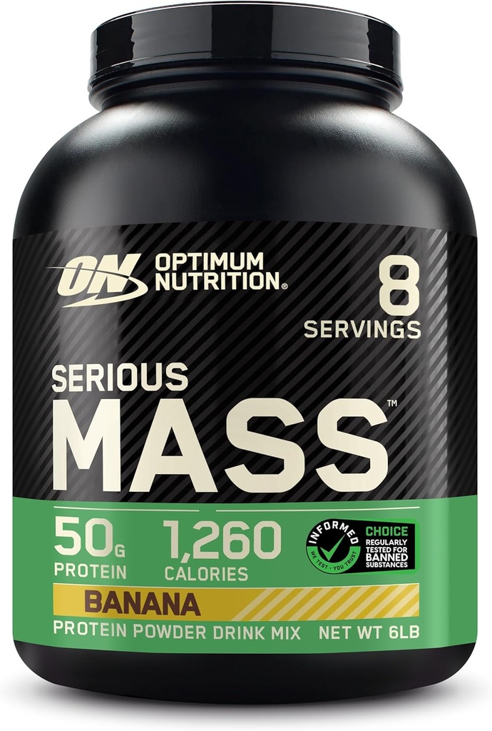 Optimum Nutrition Serious Mass, Weight Gainer Protein Powder, Mass Gainer, Vitamin C and Zinc for Immune Support, Creatine, Banana, 6 Pound (Packaging May Vary)