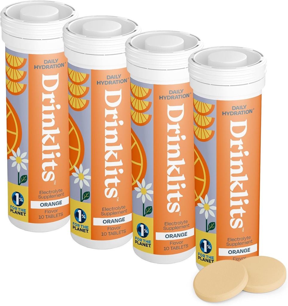 Drinklits Orange Daily Electrolyte Hydration Tablets (4) Tube Bundle | 0g Sugar – Natural Sports Drink – Great Taste | 4 Pack (40 Servings)