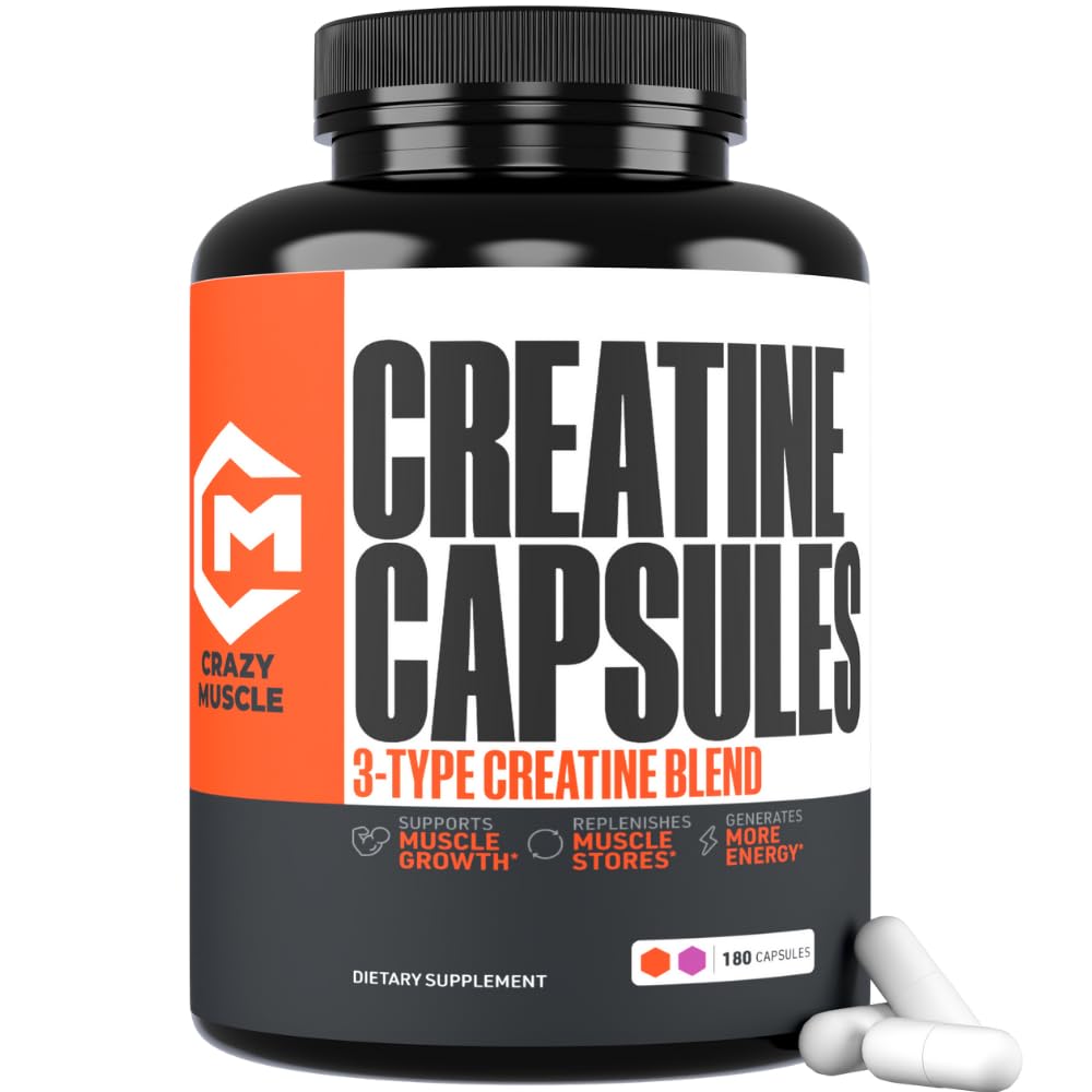 Κάψουλες Creatine, 5g Premium 3X ThreeAtine Preworkout Μαζική Μύες Κεραυνός, Υψηλή Απορρόφηση Εύκολο να λάβει Creatine Μονοϋδρικά Χάπια Εναλλακτική βέλτιστη απόδοση για άνδρες γυναίκες, 180 κάψουλες