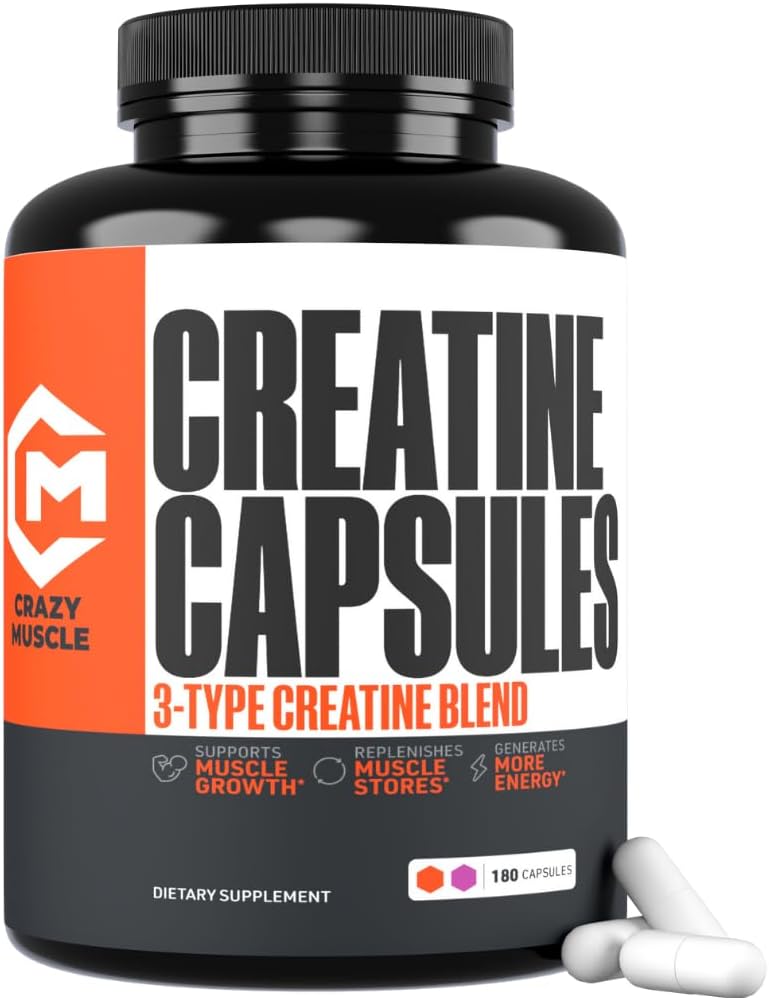 Κάψουλες Creatine, 5g Premium 3X ThreeAtine Preworkout Μαζική Μύες Κεραυνός, Υψηλή Απορρόφηση Εύκολο να λάβει Creatine Μονοϋδρικά Χάπια Εναλλακτική βέλτιστη απόδοση για άνδρες γυναίκες, 180 κάψουλες
