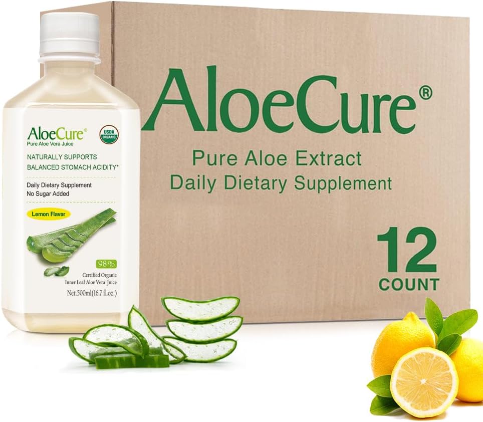 AloeCure USDA Organic Aloe Vera Juice Lemon Flavor - Κατασκευάζεται μέσα σε 12 ώρες από τη συγκομιδή - Φυσικό συμπλήρωμα για την ισορροπημένη οξύτητα στομάχου - Υποστήριξη Digestive και ανοσοποιητική υγεία, 12 Btls x 16.7oz