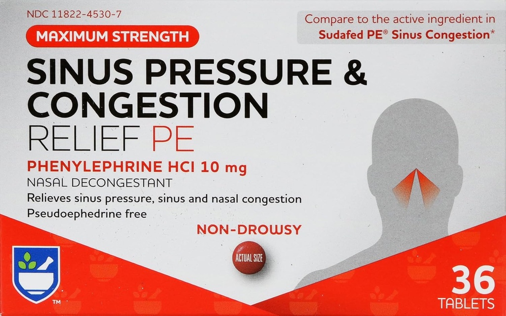 Rite Aid Sinus Pressure and Congestion Non-Drowsy Relief PE, 10mg - 36 Tablets Nasal Decongestant | Sinus Relief | Allergy Medication Non Drowsy | Allergy Relief | Sinus Pressure Relief | Mucus Relief