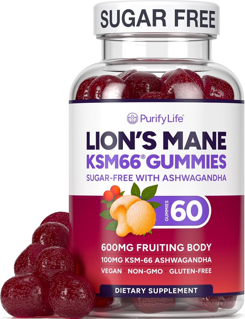 Sugar Free Lions Mane Supplement Gummies with KSM-66 Ashwagandha - Nootropic Supplement for Cognition, Brain Fog, Mental Clarity, Focus & Stress Support - Φυσική γεύση μούρου, Vegan, Made in USA