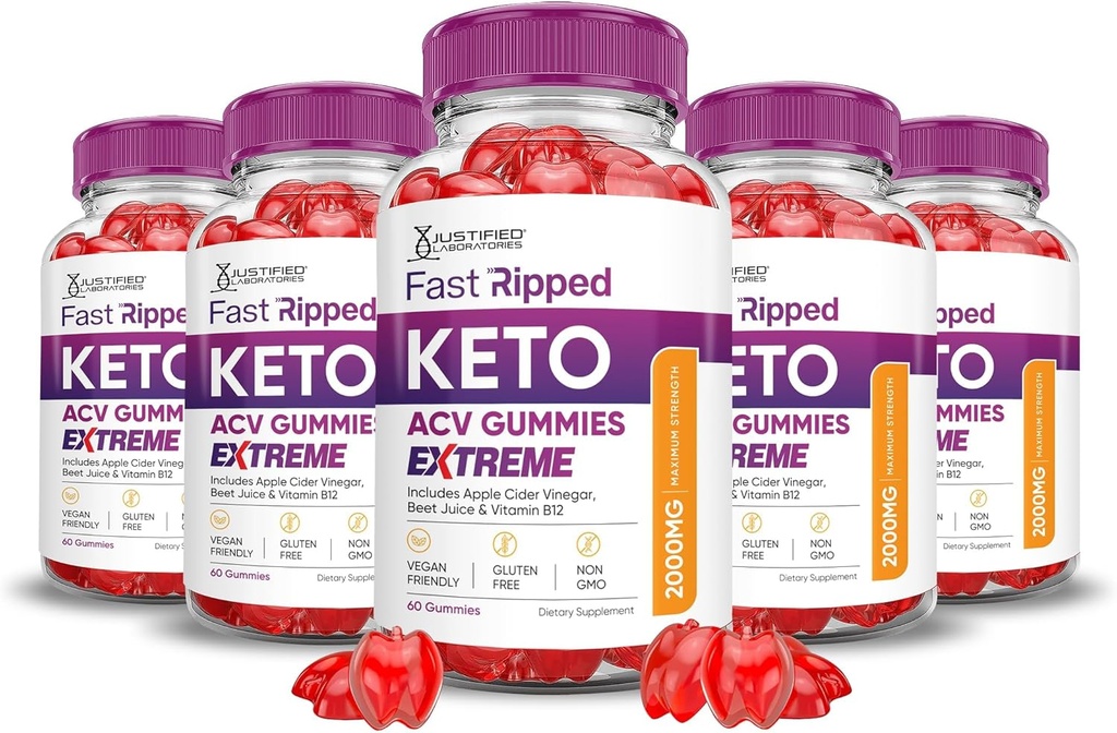Justified Laboratories (5 Pack Fast Riped Keto ACV Gummies Extreme 2000MG Fast Ripped Keto Gummies Apple Cider Vinegar Formed with Pomegranate Beet Buice Powder B12 Vegan Non GMO 300 Gummys