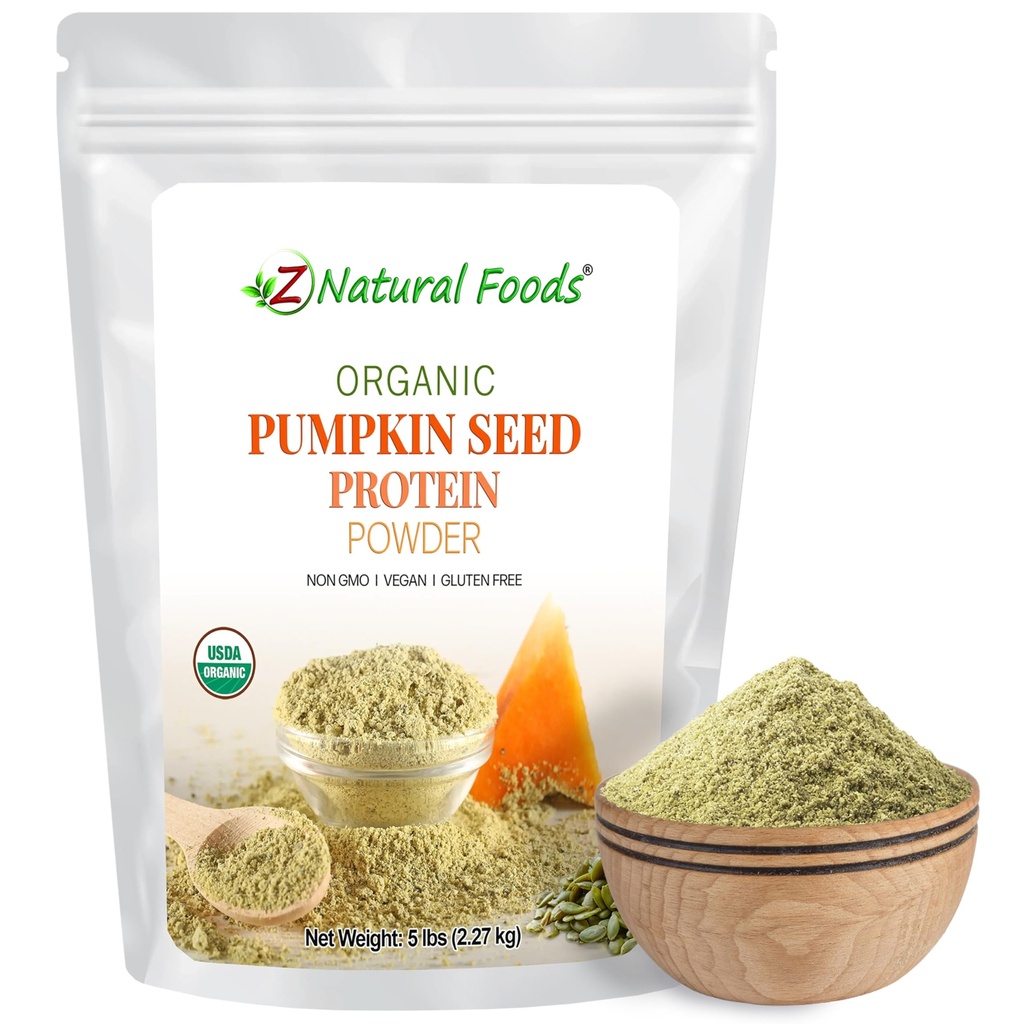 Z Natural Foods Organic Pumpkin Seed Protein Powder - Nutrient-Dense Fiber Supplement, Vegan Pumpkin Protein Powder for Hair Skin Nails Muscle Health - Ιδανικό για Smoothies Shake Bakeing Recipes, 5 lbs
