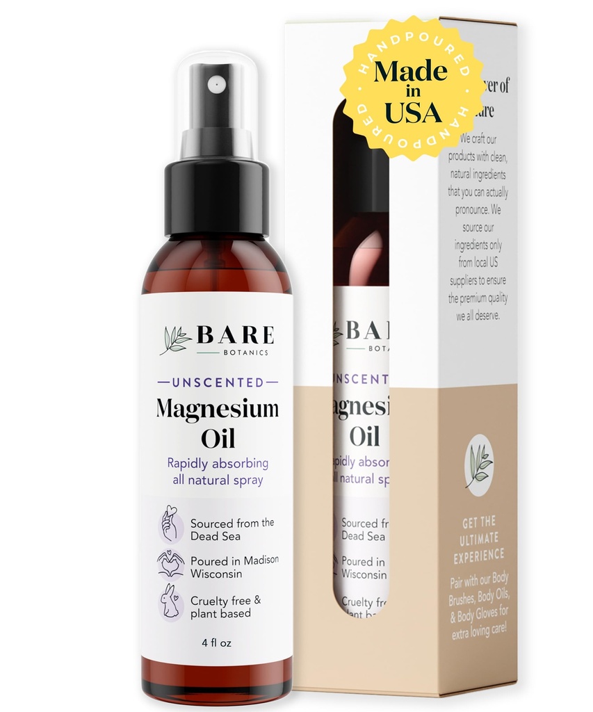 Bare Botanics Magnesium Oil Spray 4oz Unscented | Topical Magnesium Chloride Mist from the Dead Sea | Handpoured in Madison, WI