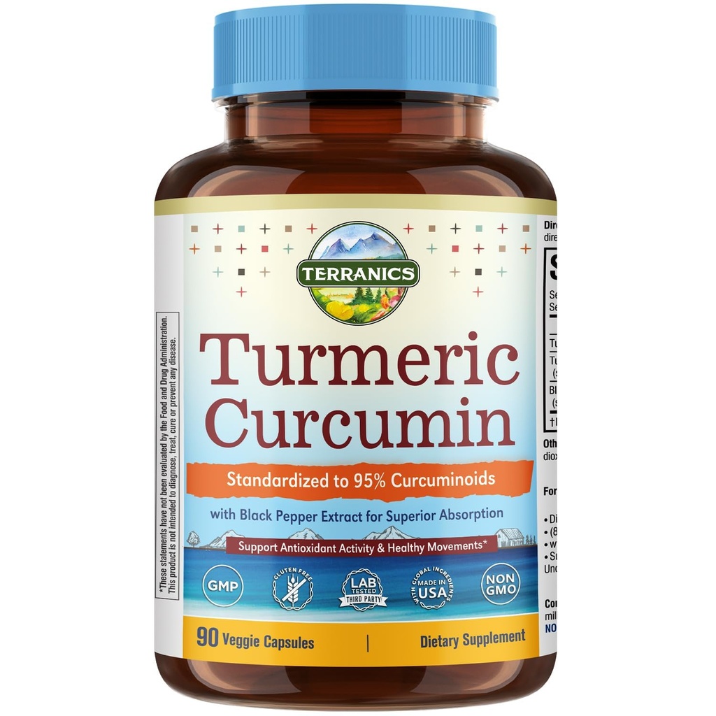 Turmeric Curcumin Supplement 1800mg, με Μαύρο Πιπέρι 15mg για μέγιστη απορρόφηση, 95% Κουρκουμινοειδή, Κινητικότητα & Αντιοξειδωτική Υποστήριξη, Κατασκευασμένο στις ΗΠΑ, Μη ΓΤΟ, Χωρίς Γλουτένη, 90 Κάψουλες Vegan