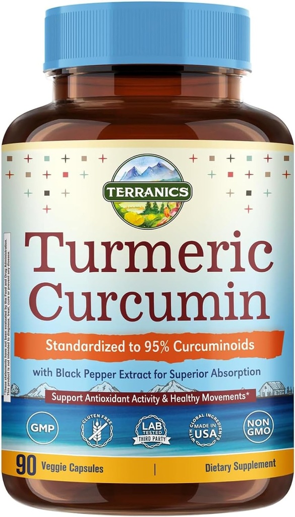 Turmeric Curcumin Supplement 1800mg, με Μαύρο Πιπέρι 15mg για μέγιστη απορρόφηση, 95% Κουρκουμινοειδή, Κινητικότητα & Αντιοξειδωτική Υποστήριξη, Κατασκευασμένο στις ΗΠΑ, Μη ΓΤΟ, Χωρίς Γλουτένη, 90 Κάψουλες Vegan