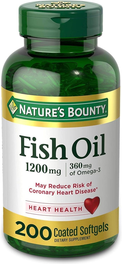 Fish Oil by Nature's Bounty, Συμπλήρωμα διατροφής, Ωμέγα 3. Υποστηρίζει την υγεία της καρδιάς, 1200 Mg, 200 Softgels ταχείας απελευθέρωσης
