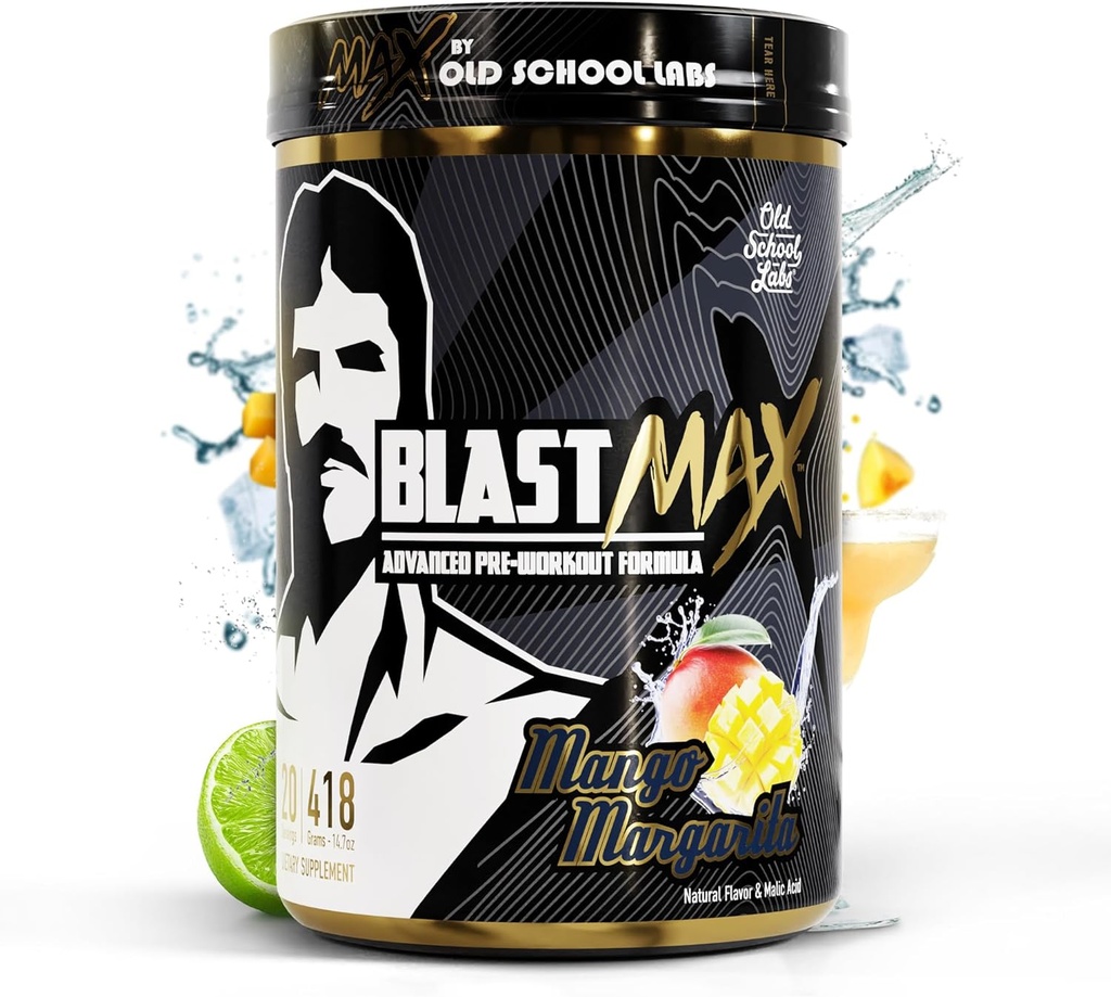 BLAST MAX – Υψηλής ποιότητας προ-εργασίας σκόνη – Υψηλής φήμης πλήρως στοιβαγμένο προ προπόνησης ενεργειακό ποτό για μέγιστη αντοχή, μέγιστη αντλία, μέγιστη εστίαση, και μέγιστη δύναμη – χωρίς ζάχαρη Mango Margarita Γεύση – 418g