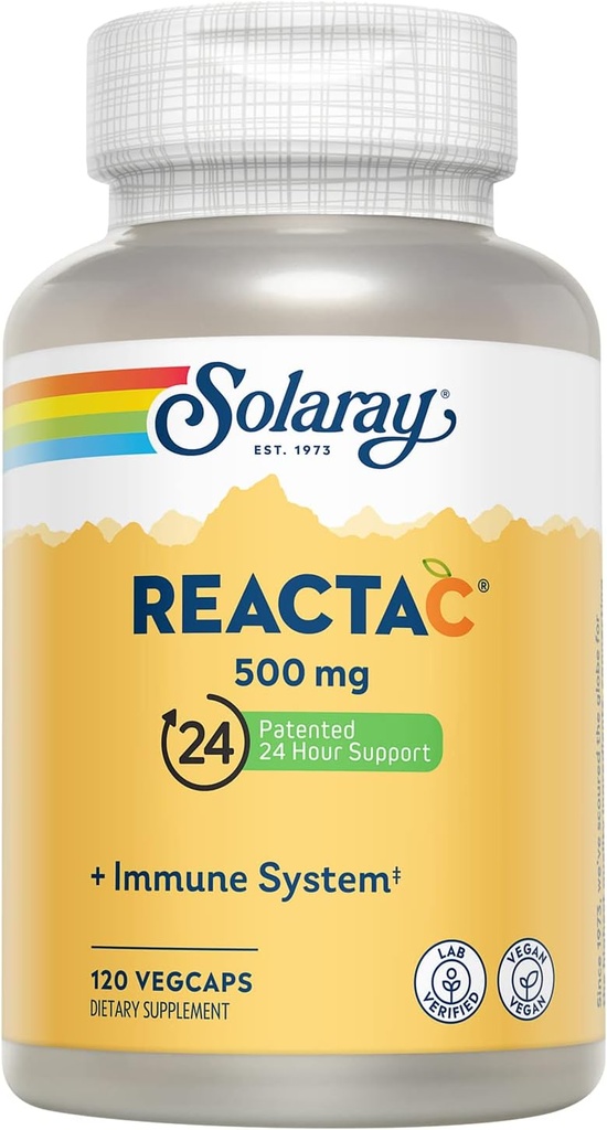 SOLARAY Reacta-C με 500mg Βιταμίνη C, 200mg Βιοφλαβονοειδές Πυκνό, Ανοσοποιητικό Σύστημα Άμυνα Βιταμίνες, Πατενταρισμένο 24 ώρες Αναμνηστική Υποστήριξη συμπλήρωμα, Vegan, 120 κάψουλες, 120 εξυπηρετούν.