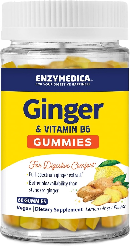 Enzymedica, Ginger & Vitamin B6 Gummies, Υποστήριξη για την περιστασιακή ναυτία & δυσπεψία, υψηλή δραστικότητα, ισοδύναμο με 200 mg εκχύλισμα Ginger, 60 Count