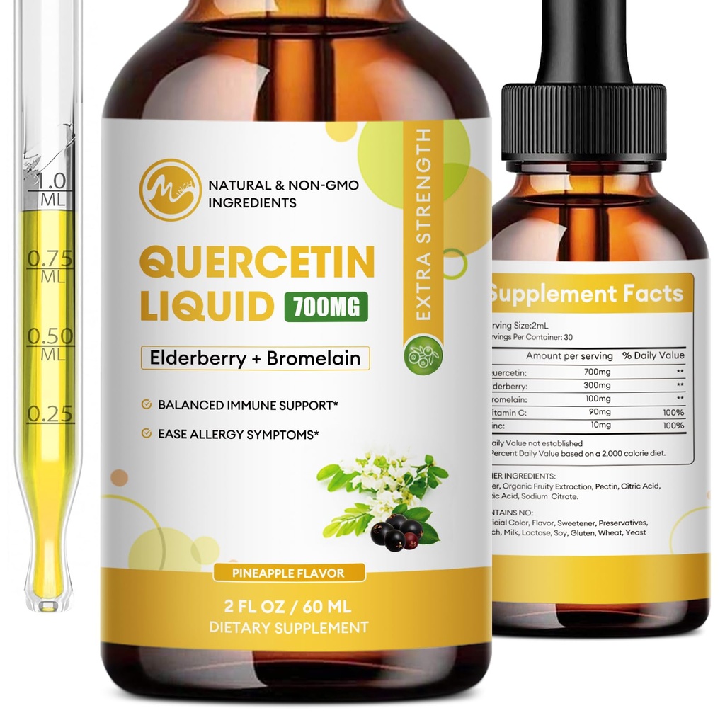 Quercetin Liquid Drops - Quercetin Συμπληρώματα 700mg - 4X Ισχυρότερο από χάπια & κάψουλες - 5 σε 1 Quercetin με Bromelain Elderberry Βιταμίνη για Ανοσία Υγεία Αναπνευστική Υγεία Φροντίδα του δέρματος - 2 Fl Oz