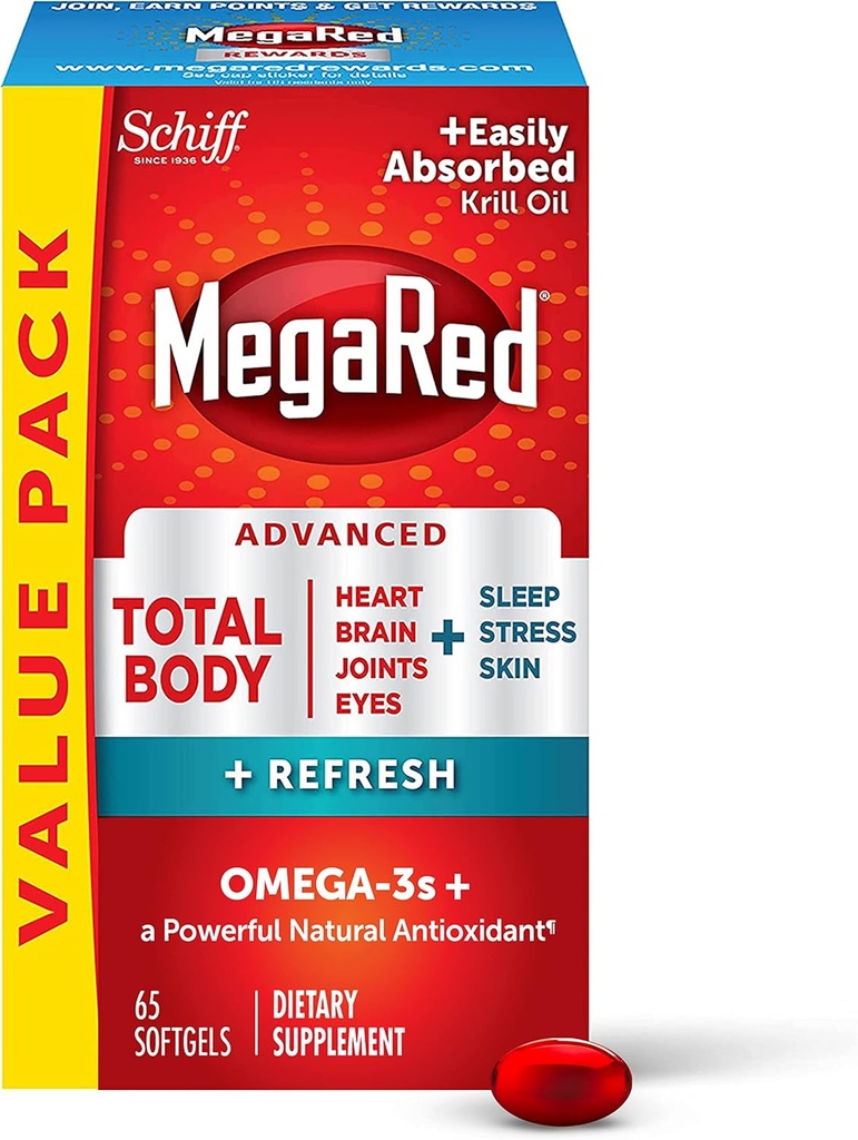 MegaRed Omega-3 Blend Total Body + Refresh 500mg Softgels, (65 Count in a Bottle), Εύκολα απορροφηθεί Krll Oil, για να υποστηρίξει την καρδιά σας, αρθρώσεις, εγκέφαλος & μάτια