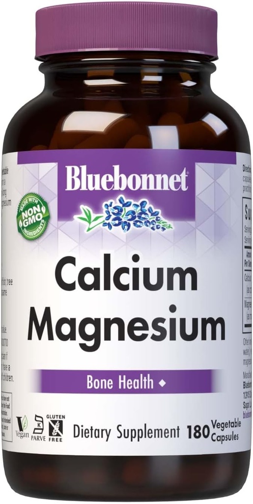 Bluebonnet Nutrition Calcium & Magnesium, Bone Health*, Soy-Free, Gluten-Free, Non-GMO, Vegan, Kosher Parve, 180 Vegetable Capsules, 60 Servings
