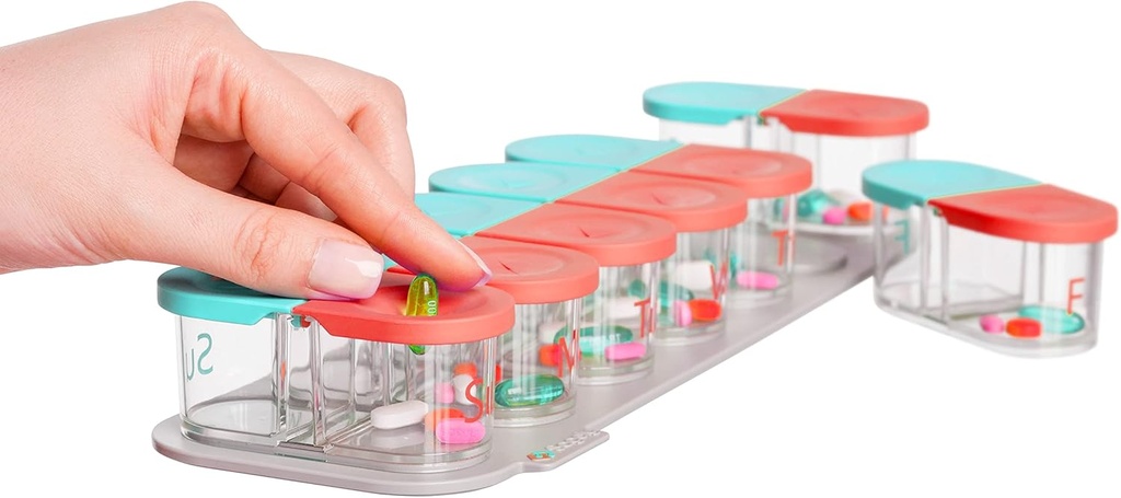 Sagely Smart XL Weekly Pill Organizer AM/PM - Medicine Storage Organizer with Υπενθύμιση Εφαρμογή Συναγερμού (Αρκετά για να ταιριάζει Fish Oil, Cod Liver Oil, Vitamin D Συμπληρώματα & Βιταμίνες) (Mint/Coral)