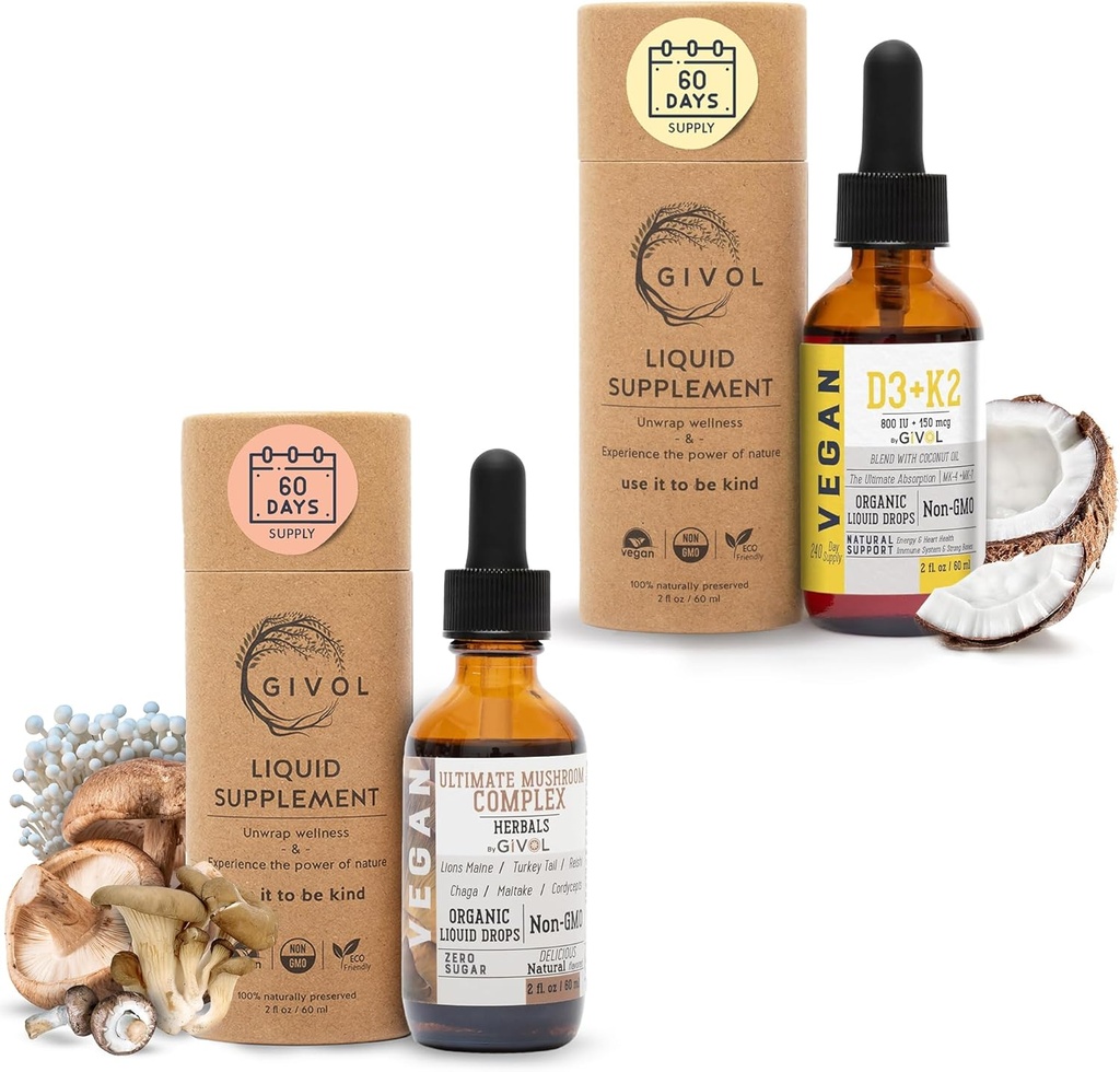 Ultimate Mushroom Complex Υγρές σταγόνες με βιταμίνη D3 + K2 (MK4 & MK7) για τη φυσική ευεξία: Φυτική βάση, Vegan Formula με κλασματικό λάδι καρύδας - Υποστηρίζει και καθημερινή ζωτικότητα