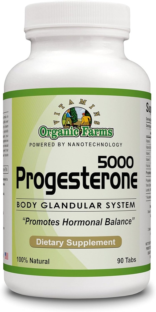 Organic Farm Vitamins Progesterone 5000 - Body glandular System Dietary Supplement, 100% Natural Progesterone Pills - Formula to Balance Hormones - progesterone Supplement, 90 Tablets