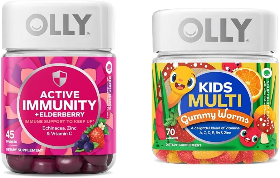 OLLY Gummy Ενεργό Ανοσία+Elderberry 45 Gummies & Παιδιά Multivitamin Gummy Worms 70 Count