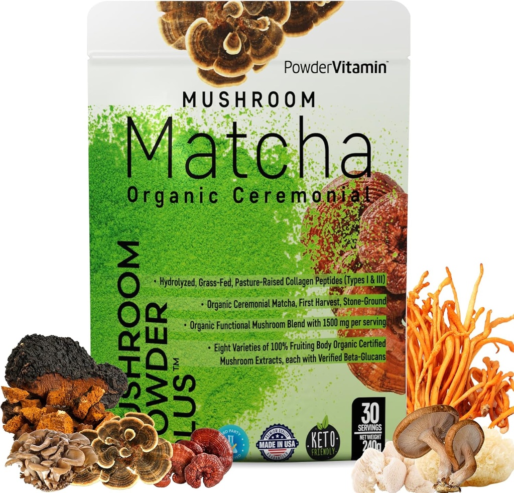 ΣκόνηΒιταμίνη Βιολογικό Ceremonial Mushroom Matcha Certified φυτοφάρμακο-free Grass-Fed Collagen Τύποι I & III 8 Φρουτώδη Μανιτάρια Σώματος Δοκιμάστηκε για Beta-Glucans Focus Digetion & Ανοσία 30 Υπηρεσίες