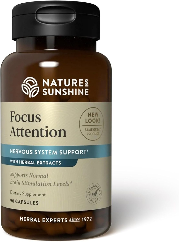 Nature's Sunshine Focus Προσοχή, 90 κάψουλες, παρέχει θρεπτικά συστατικά που βοηθούν στη διατήρηση φυσιολογικών επιπέδων εγκεφαλικής διέγερσης, ενώ υποστηρίζει την κυκλοφορία του αίματος και τα επίπεδα νευροδιαβιβαστών στον εγκέφαλο