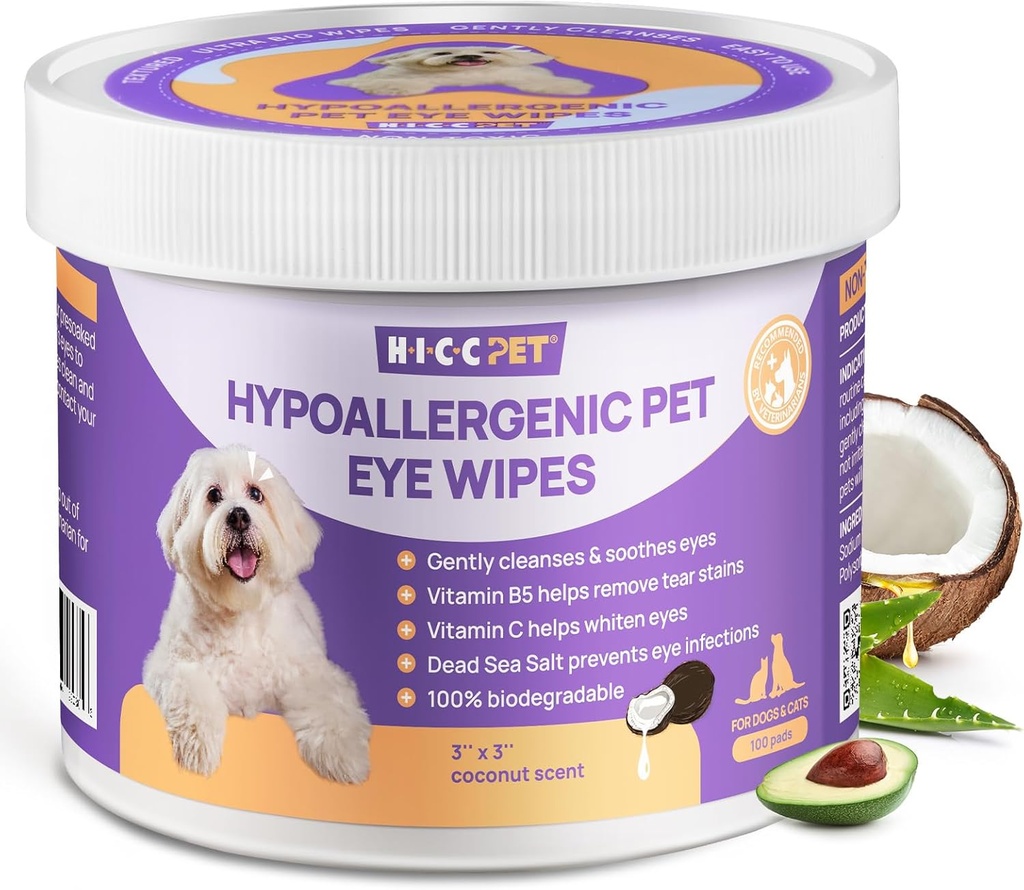 HICC PET Μάτια μαντηλάκια για σκύλους & γάτες, Vet-Recommended Dog Μόλυνση των ματιών θεραπεία, απαλά αφαιρέστε δακρυγόνα, Debris, Απαλλαγή - Hypoallergenic Pet Πλύσιμο ματιών καθαριστικό για τα μάτια, ρυτίδες, πρόσωπο - 100pcs