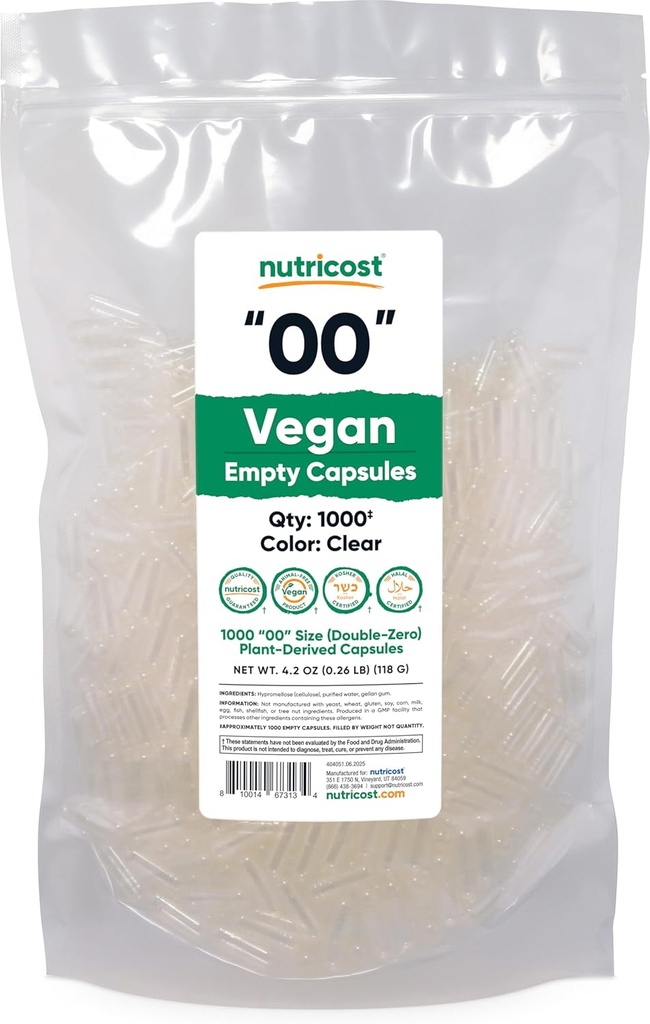 Nutricost Κενές κάψουλες Μέγεθος 00 Vegan - 1.000 Clear Κενές κάψουλες με βάση το φυτό - Kosher Certified, Halal Certified, Μη ΓΤΟ, Χωρίς σόγια, Χωρίς γλουτένη, Χορτοφαγικά