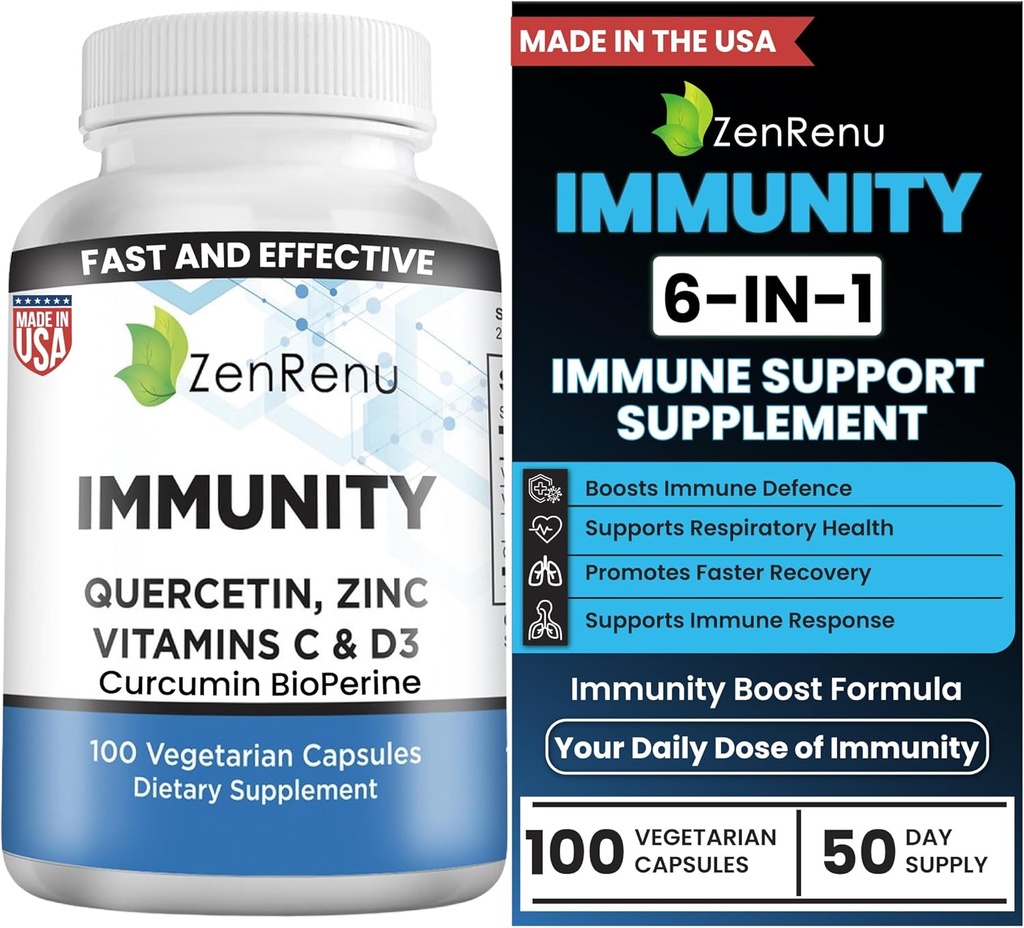 Zenrenu Ανοσία Quercetin 700 mg Zinc Vitamin C Vitamin D Ανοσοποιητική υποστήριξη συμπλήρωμα με κουρκουμίνη - Easy to Absorb συμπλήρωμα ανοσίας, 100 χορτοφαγικές κάψουλες 50 Ημέρα προσφοράς