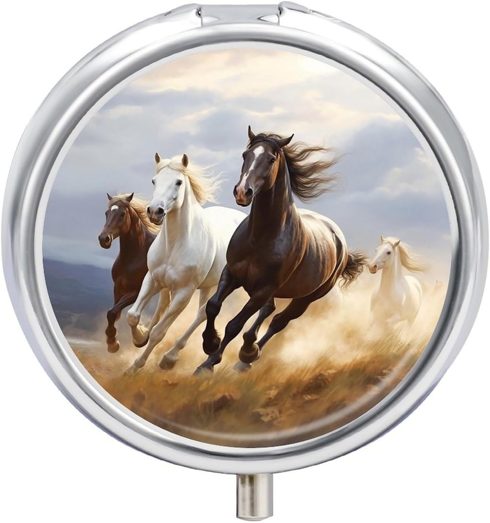 Horses Running Art Pill Υπόθεση 3 Διαμέρισμα Φορητό κουτί χάπια Καθημερινή Round Pill Διοργανωτής για Pocket Purse Καθημερινή Ιατρική Δοχείο για να κρατήσει βιταμίνες Fish Oil Ταξίδια Δώρα