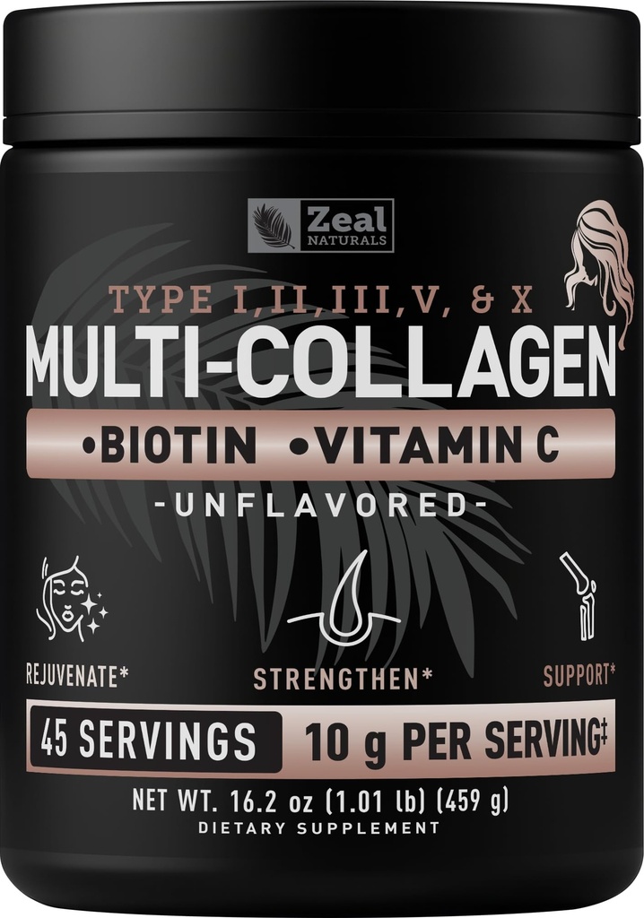 Premium Multi Collagen Peptides Protein Powder (1, 2, 3, 5 & 10) με Βιταμίνη C, Βιοτίνη, Υαλουρονικό Οξύ, για δέρμα μαλλιών και νύχια - Marine, Βοοειδή, Κοτόπουλο & Κοτόπουλο Κοτόπουλο (Unfraved, 45 Servings)