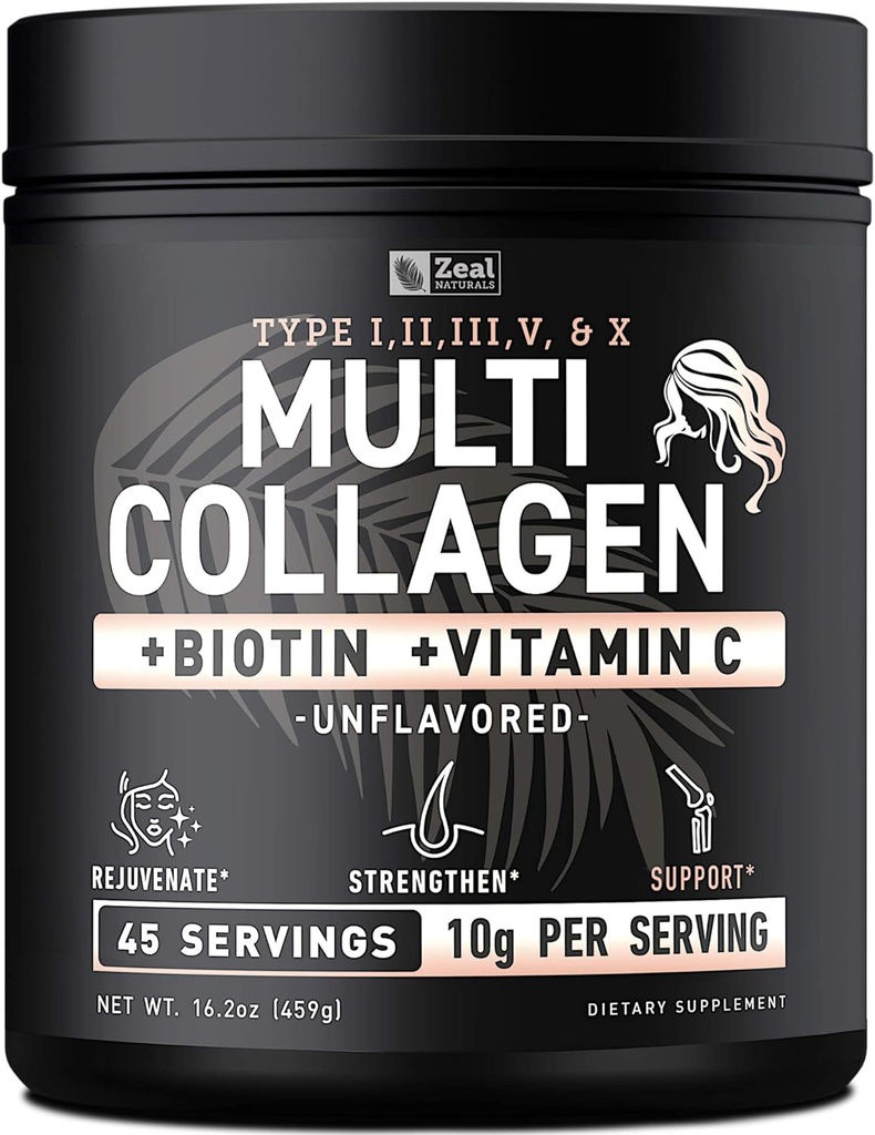 Premium Multi Collagen Peptides Protein Powder (1, 2, 3, 5 & 10) with Vitamin C, Biotin, Hyaluronic Acid, for Hair Skin and Nails - Marine, Bovine, Chicken & Eggshell (Unflavored, 45 Servings)