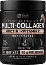 Premium Multi Collagen Peptides Protein Powder (1, 2, 3, 5 & 10) με Βιταμίνη C, Βιοτίνη, Υαλουρονικό Οξύ, για δέρμα μαλλιών και νύχια - Marine, Βοοειδή, Κοτόπουλο & Κοτόπουλο Κοτόπουλο (Unfraved, 45 Servings)